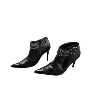 Black pointy toe Heeled Boots with Silver Accents